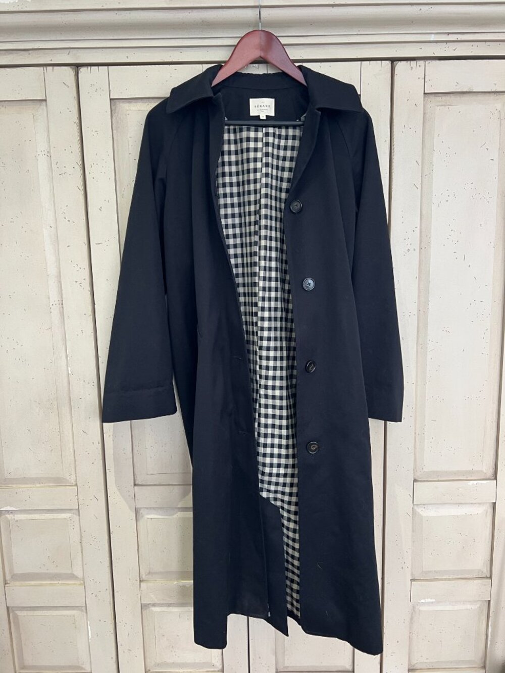 SÉZANE Clyde Coat Black Organic Cotton Trench Gingham Lining FR 34 (US 2)
